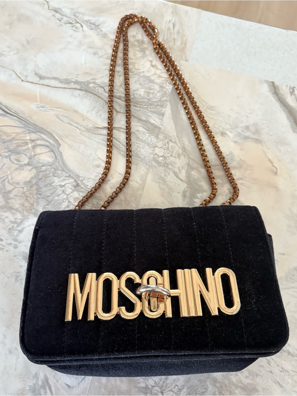 Moschino Bag Black Velvet Gold Branding Letters On Front Chain Handle Crossbody